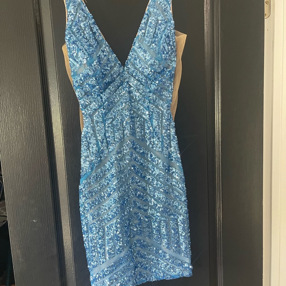 Jovani Light Blue Backless Sequin Dress